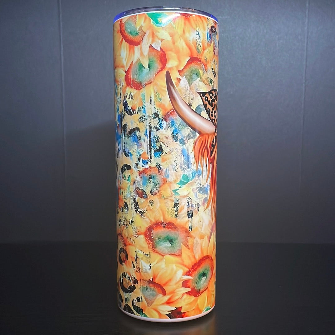 Distressed sunflower highland cow 20oz tumbler