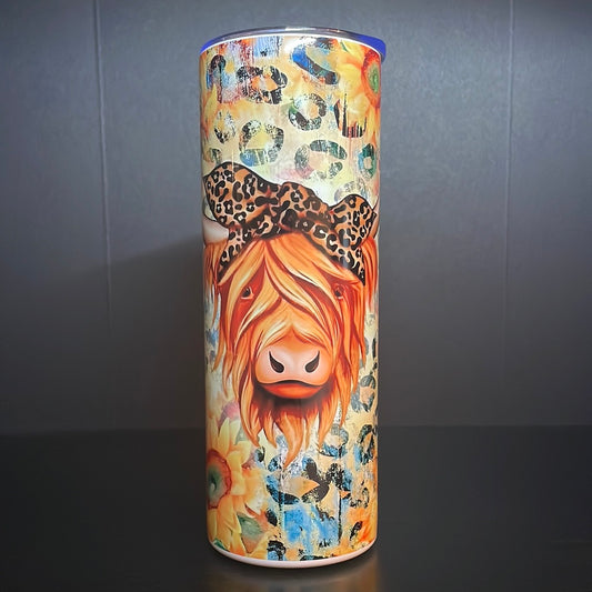 Distressed sunflower highland cow 20oz tumbler