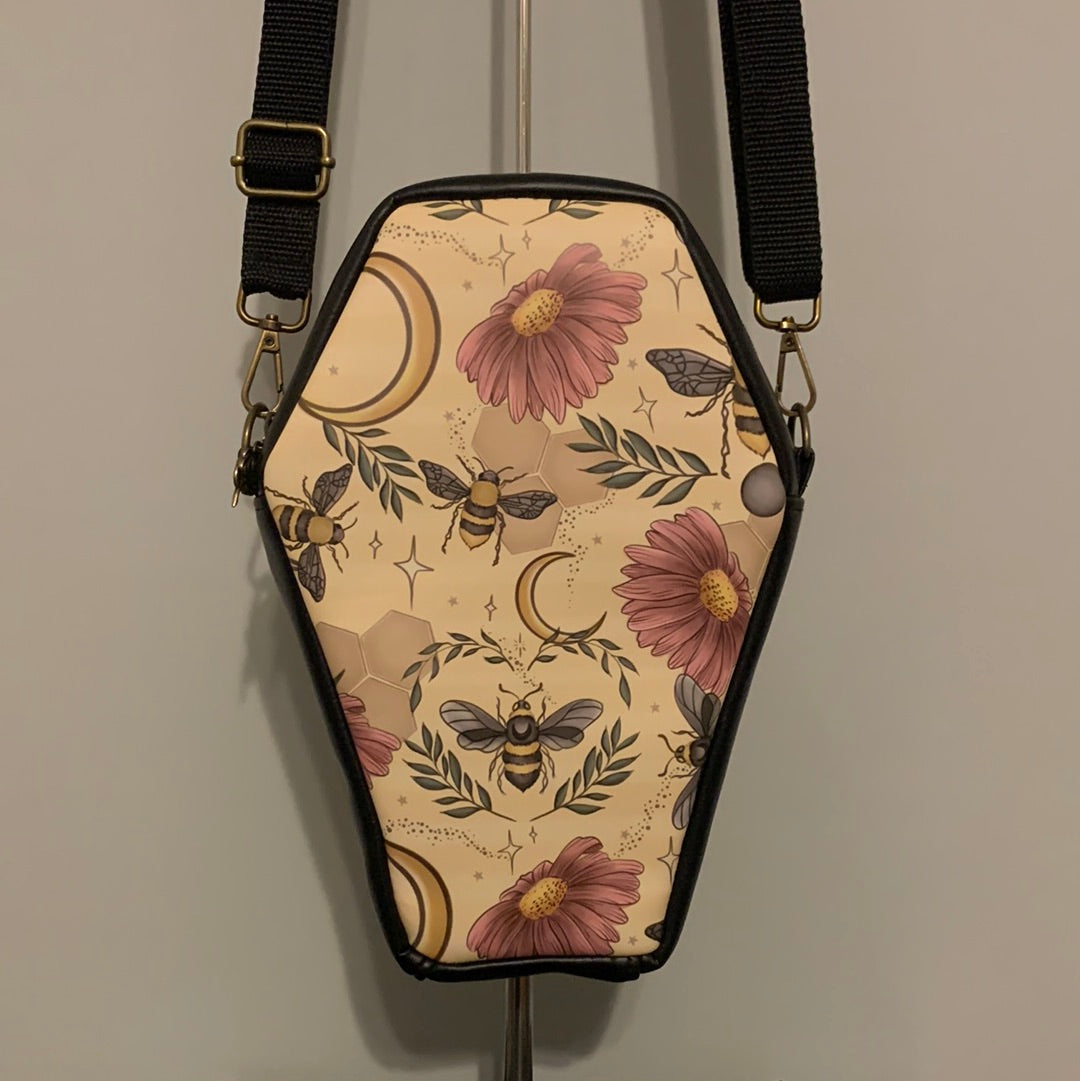 Floral bee & moon coffin crossbody bag