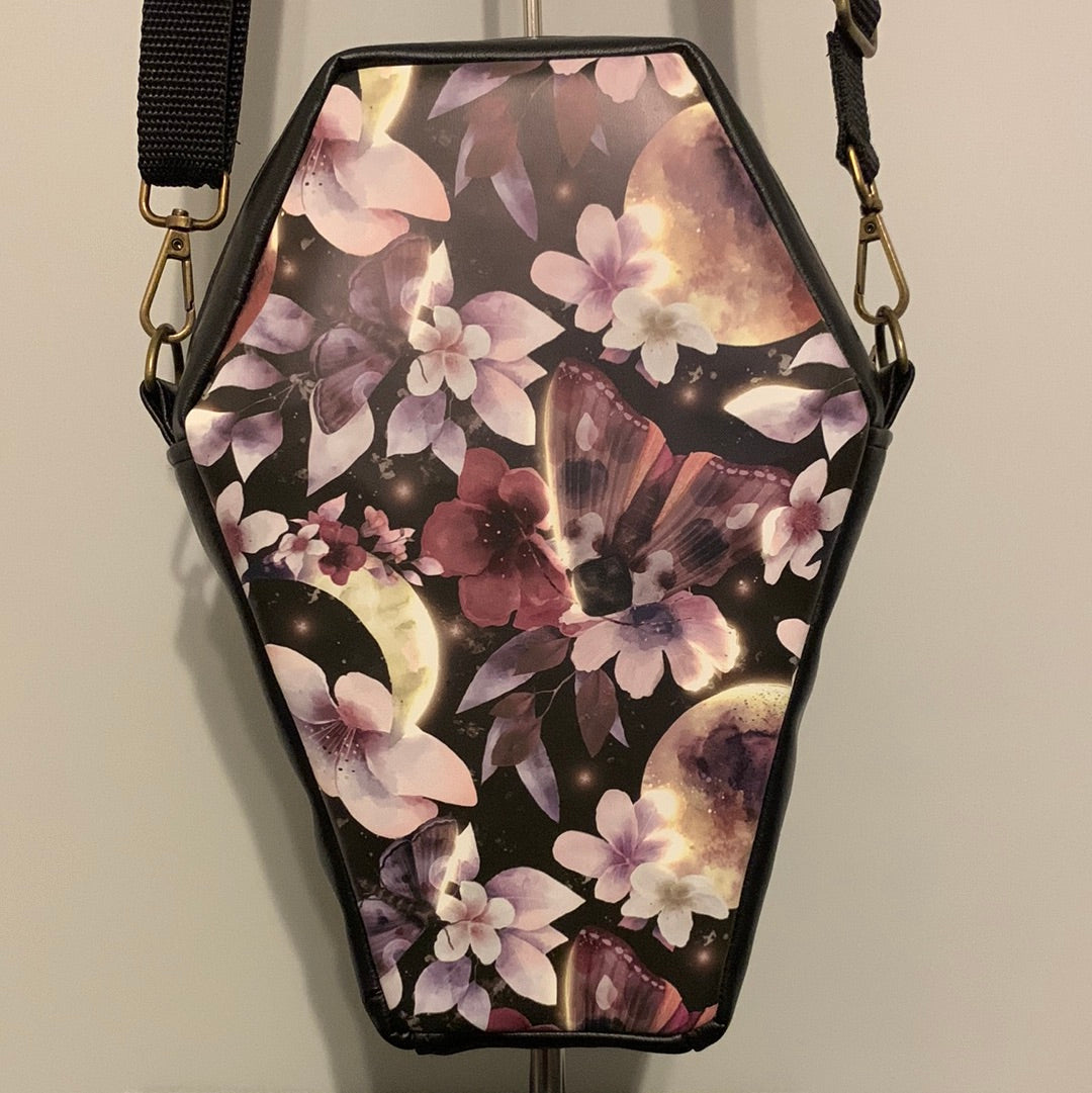 Midnight floral moth coffin crossbody bag