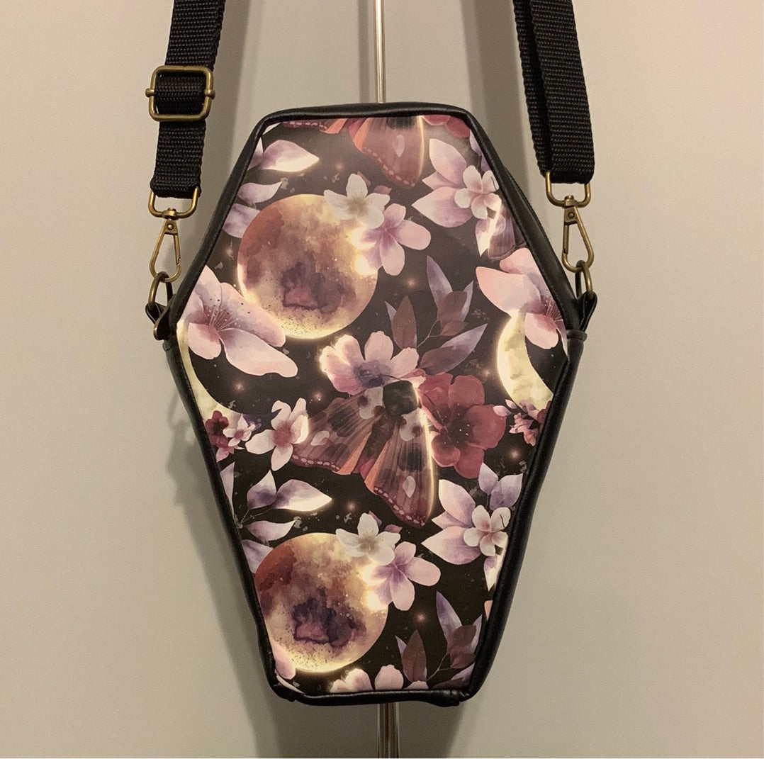 Midnight floral moth coffin crossbody bag