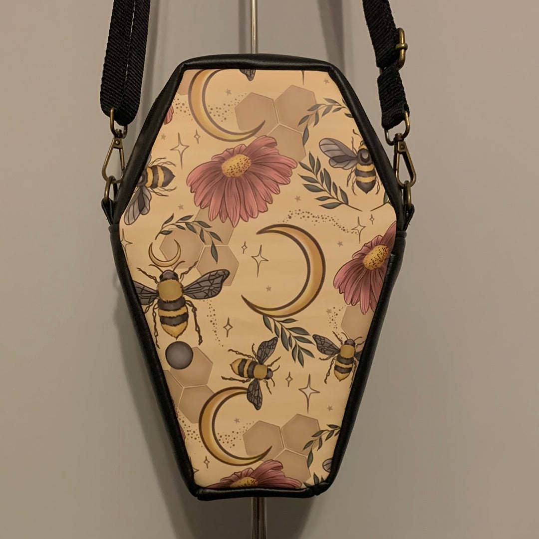 Floral bee & moon coffin crossbody bag